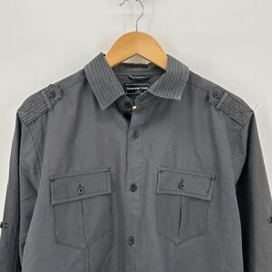 Sovereign Code Mens Large Grey Pinstripe Button Up Shirt Y2K Epaulets Utility L